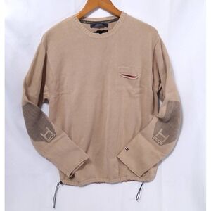Tommy Hilfiger Pullover Sweater Mens L Non-slip Elbow Knit Drawstring Logo Beige